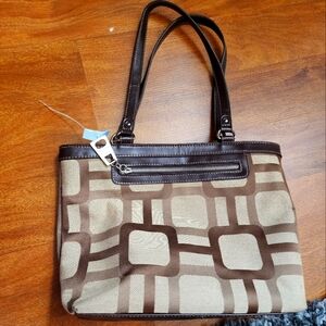 NINE WEST RENO SIGNS KHAKI/ BROWN TOTE HANDBAG WITH SYNTHETIC LEATHER TRIM